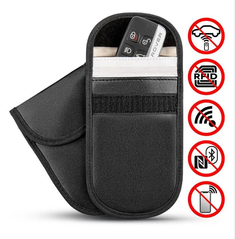 Black microfiber RFID signal blocker bag measuring 13.5 by 9.5 centimetres