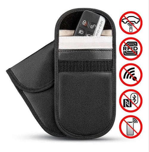 Black microfiber RFID signal blocker bag measuring 13.5 by 9.5 centimetres