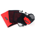 Set of five red outdoor travel storage bags with zippers and mesh panels.