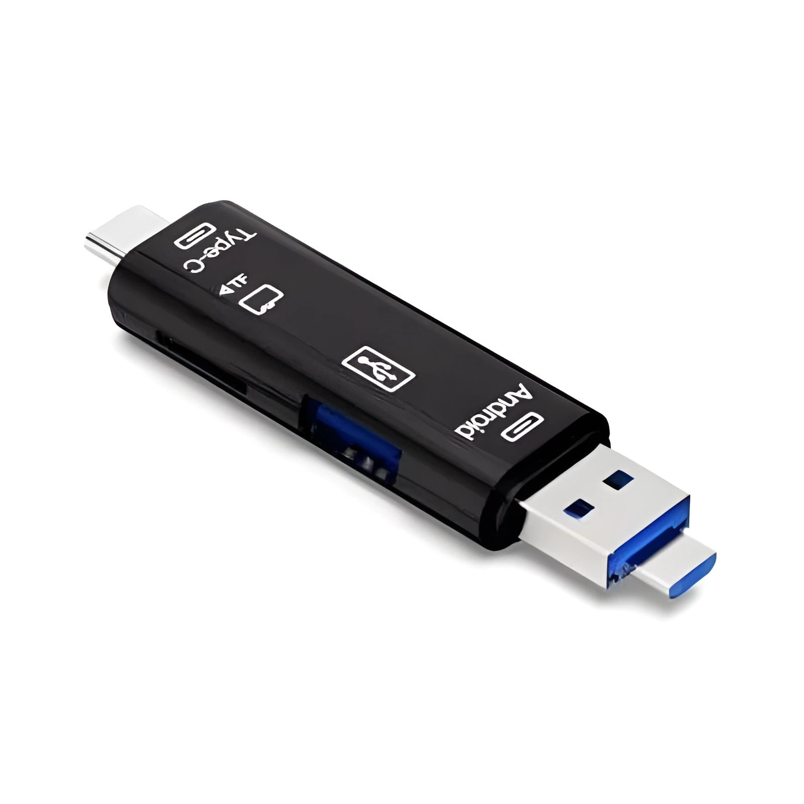 Black and white USB-C to Micro USB OTG hub adapter with TF card slot and two USB ports.