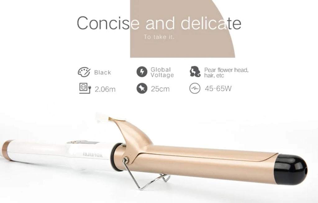 LCD curling iron with ceramic barrel and digital display, available in 19mm to 32mm sizes