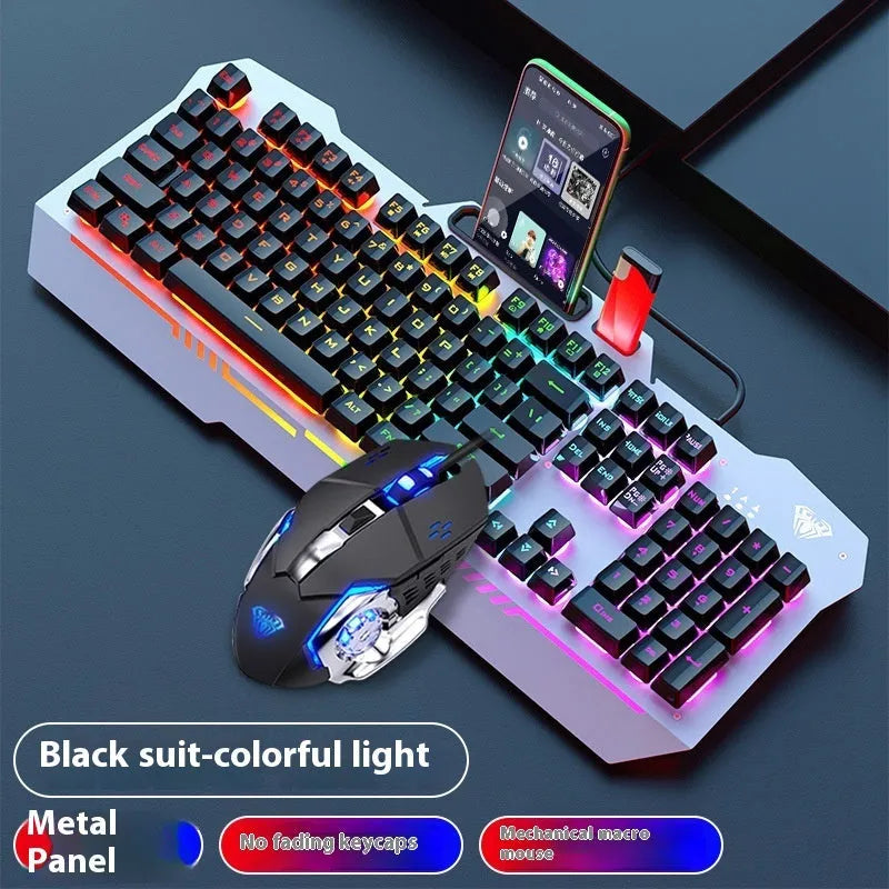 F3010 black and white metal gaming keyboard, mouse, and headset bundle with single-colour LED backlighting.