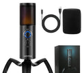 Black Q18 USB condenser microphone with metal tripod and RGB lighting effects