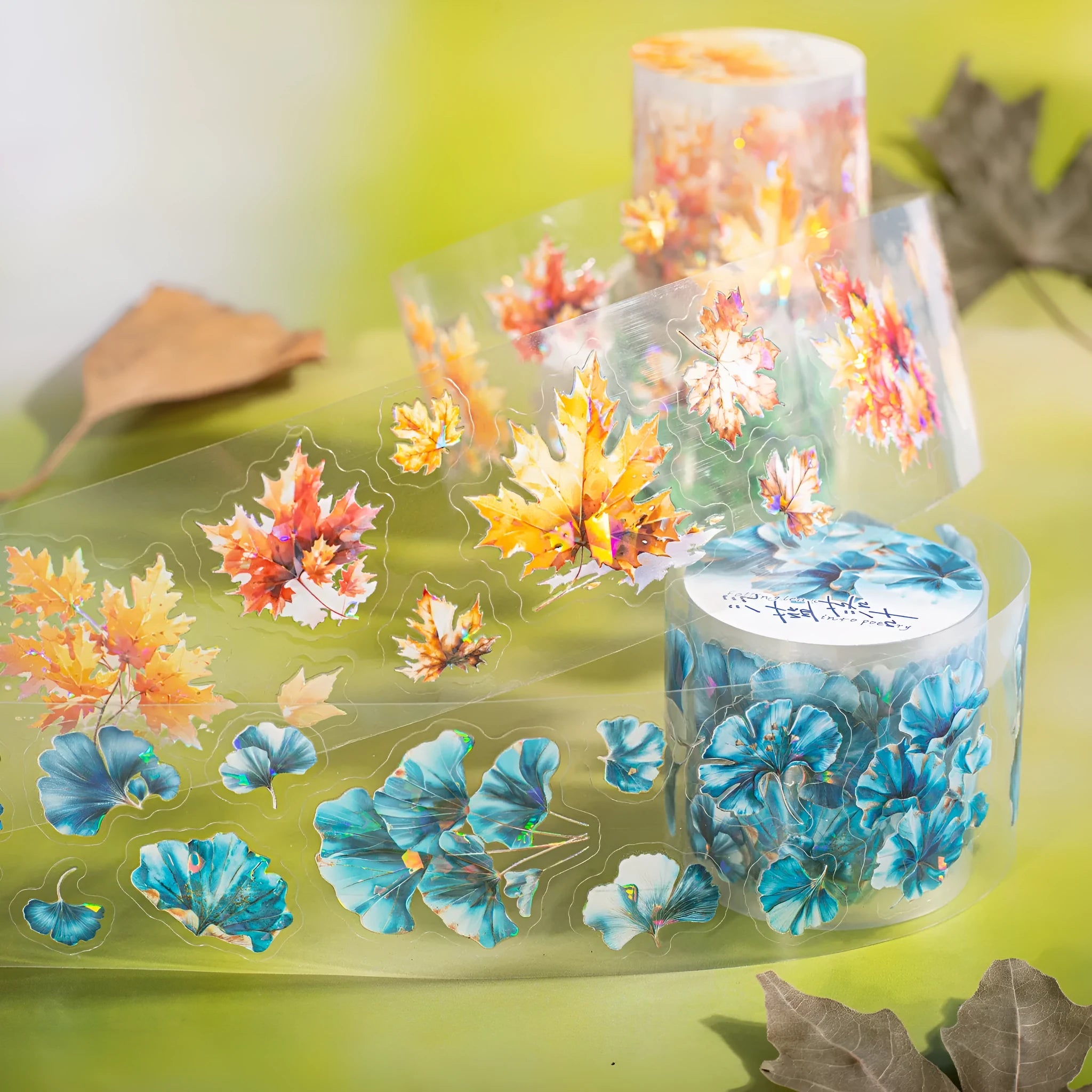 Roll of Deciduous Poetry Series decorative stickers showing leaf patterns in gentle ginkgo, maple, and blue fallen leaves colours.