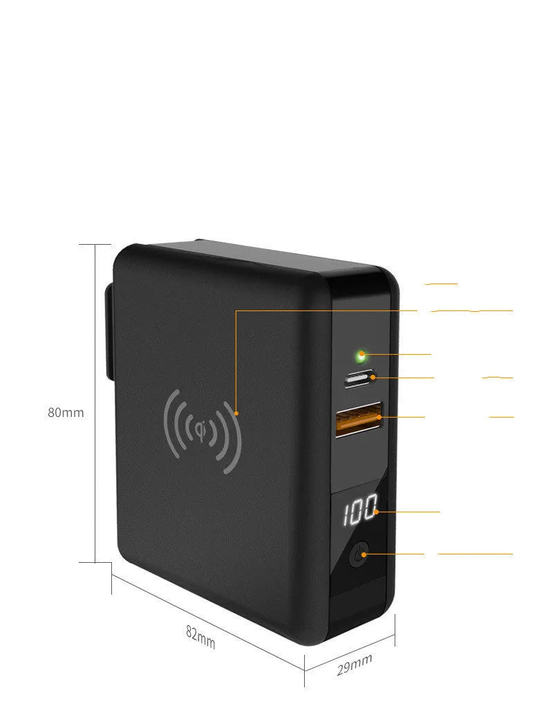 Black or white 10000mAh power bank with wireless charging and four international plug adapters