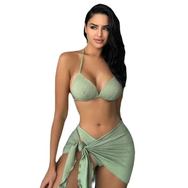 Women's black Russian split three-piece swimsuit set showing top, panties, and skirt on a model.