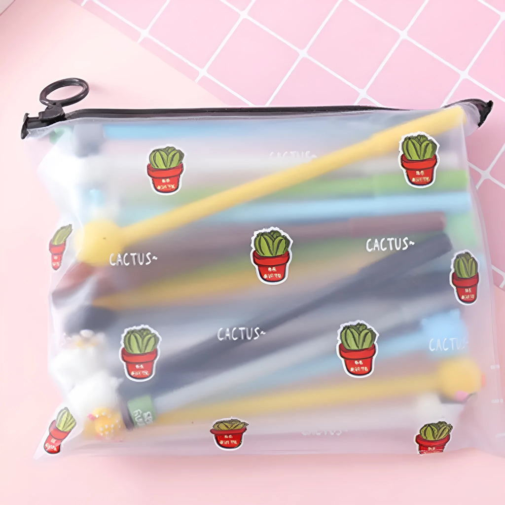 Marvel series 20-pen set with plastic storage case showing Cactus Boys and Girls cartoon designs on black ink ballpoint pens