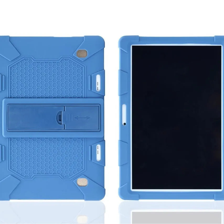 Pink silicone protective case with stand for a 10.1-inch tablet on a table.