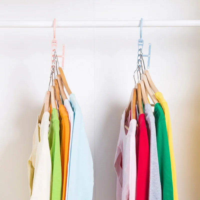 Blue rotating wardrobe hanger with five hooks and handle for organising multiple clothing items