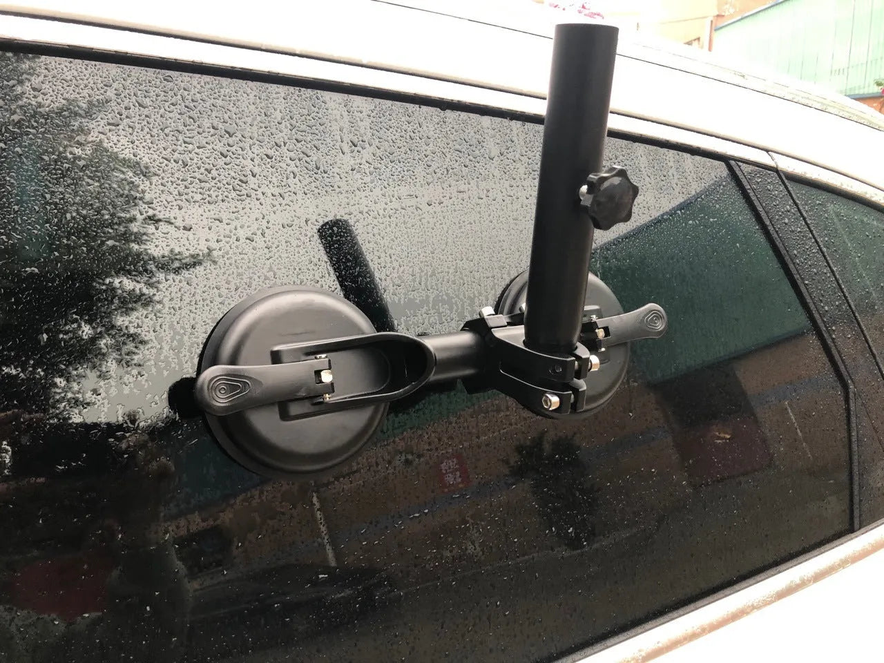 Black off-road car flagpole sucker base with ABS plastic disc and rubber glass attachment