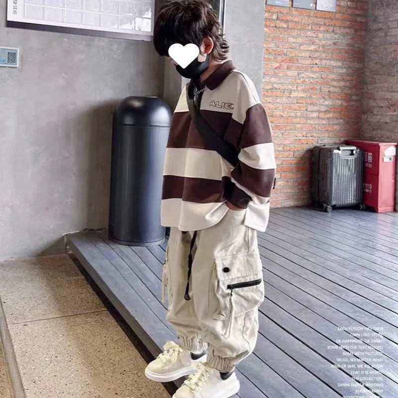 Children's cotton workwear trousers in beige and black for spring autumn