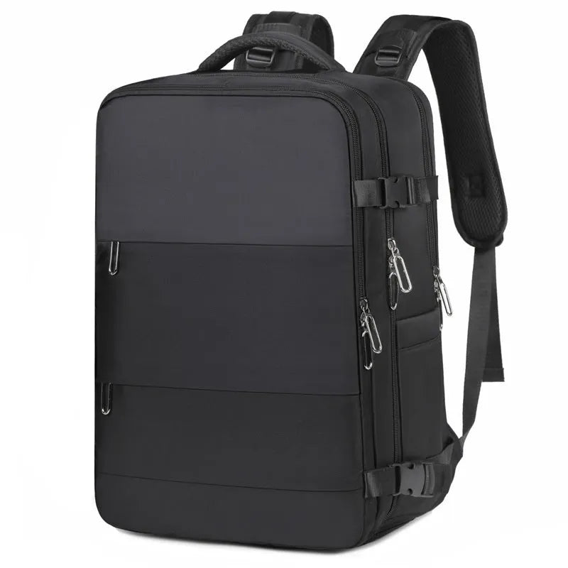 Large purple travel backpack with multiple compartments, shown with a laptop and organised interior.