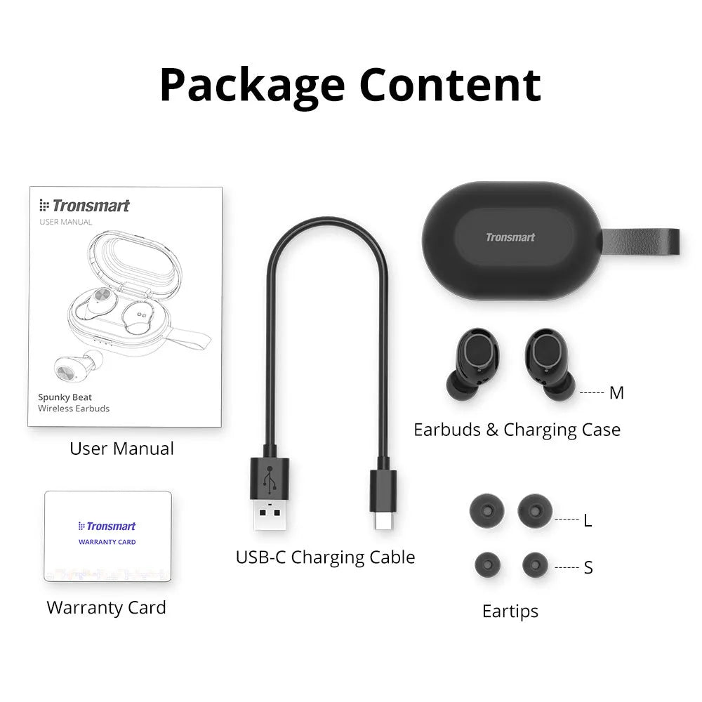 Tronsmart Spunky Beat black Bluetooth earphones with charging case on a grey background.