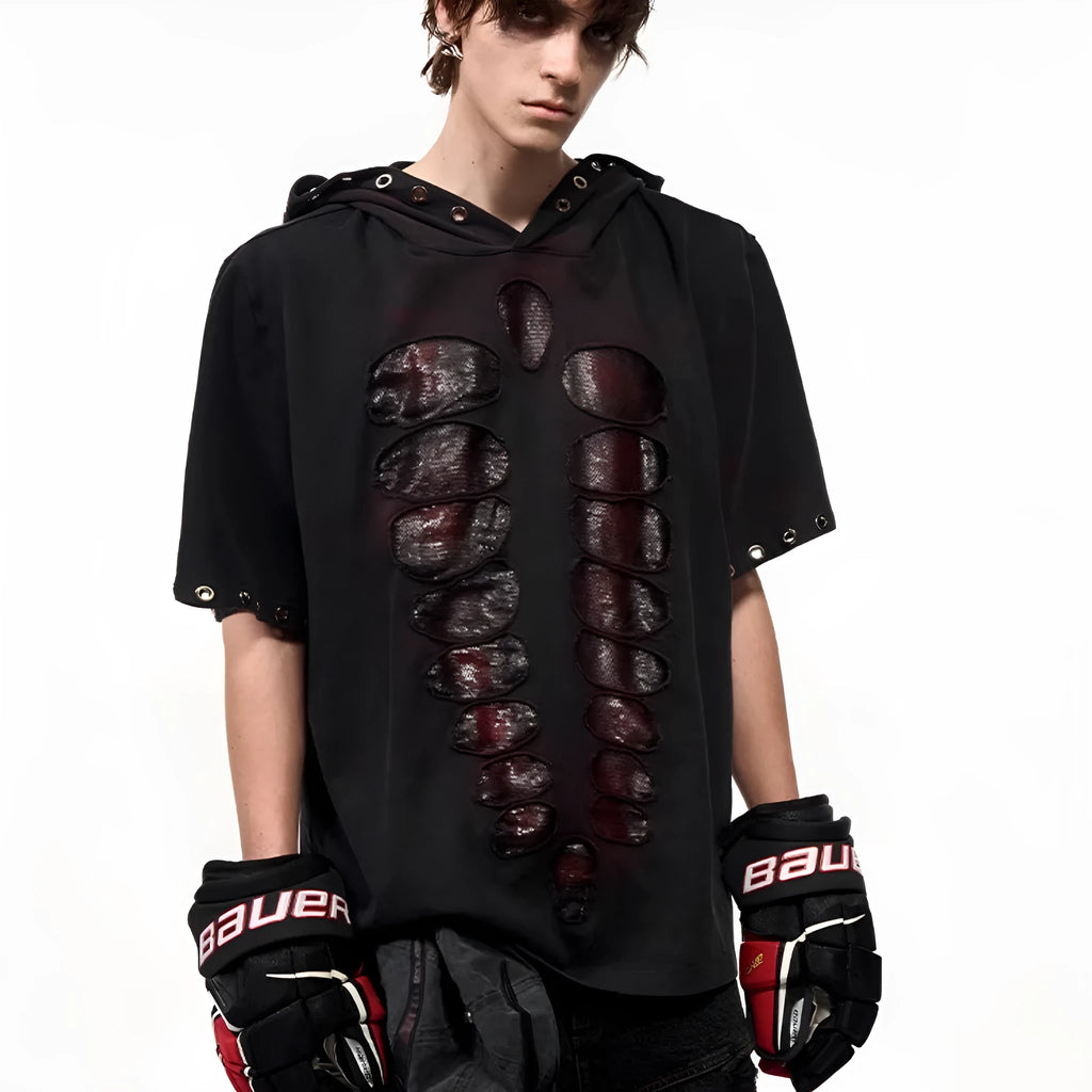 Black men's hooded short-sleeved T-shirt with sequin details and a loose fit.