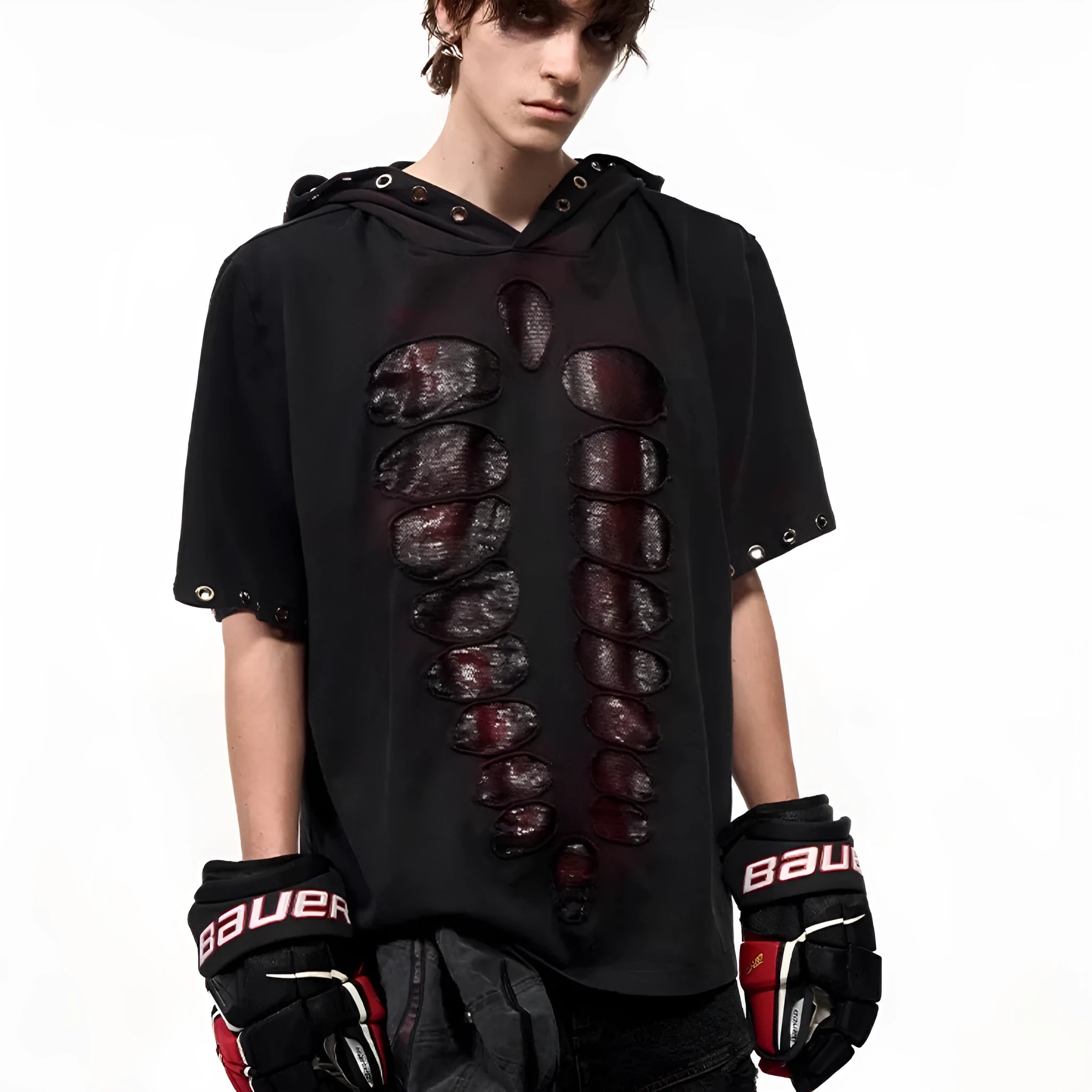 Black men's hooded short-sleeved T-shirt with sequin details and a loose fit.