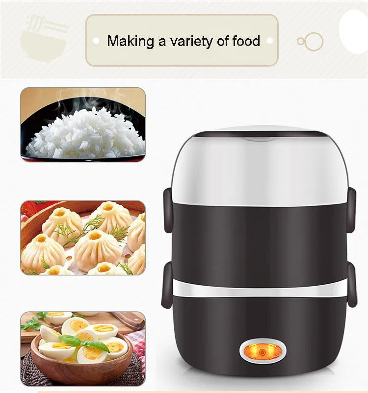 USB-powered portable electric lunch box showing three-layer 2L container with 190mm cubic dimensions