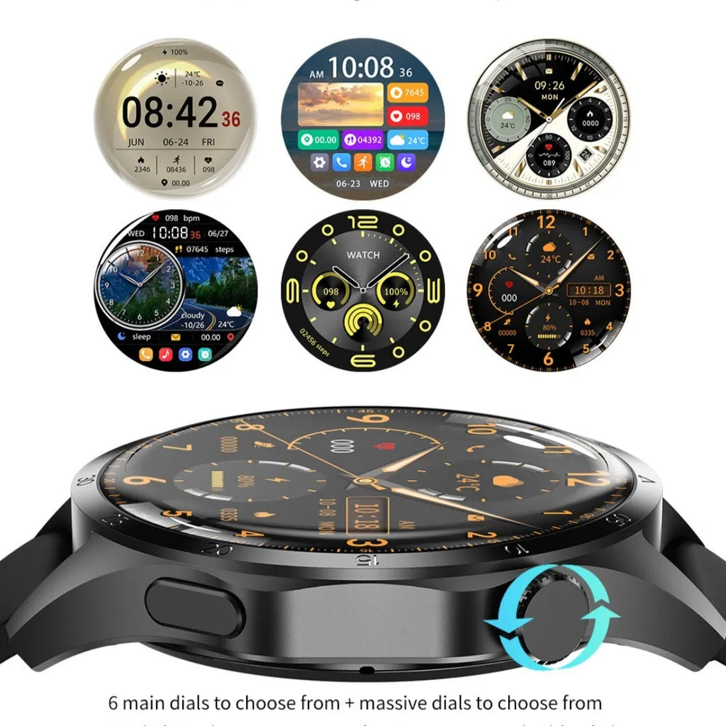 Black smartwatch with Bluetooth calling and health monitoring functions on a silicone strap.