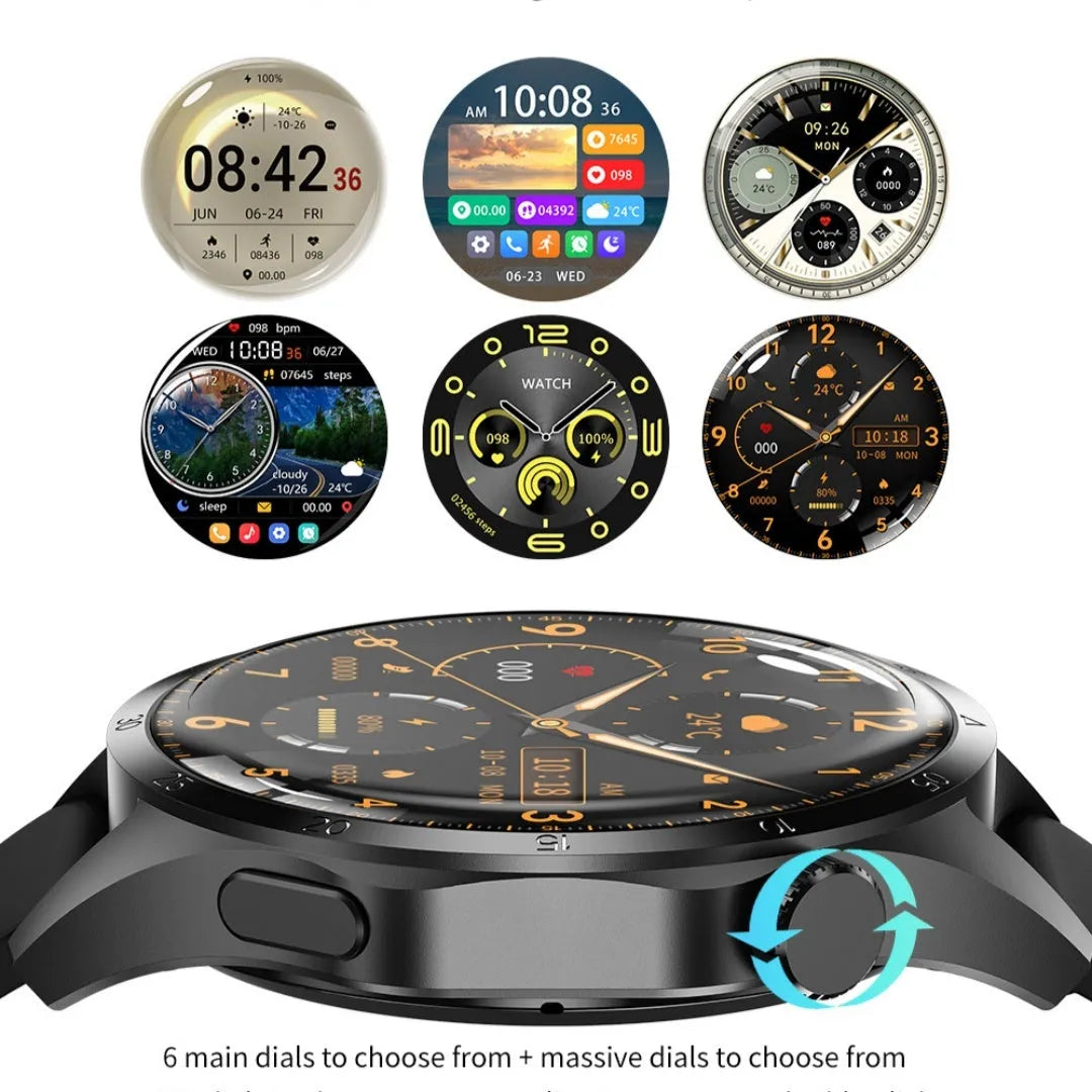 Black smartwatch with Bluetooth calling and health monitoring functions on a silicone strap.