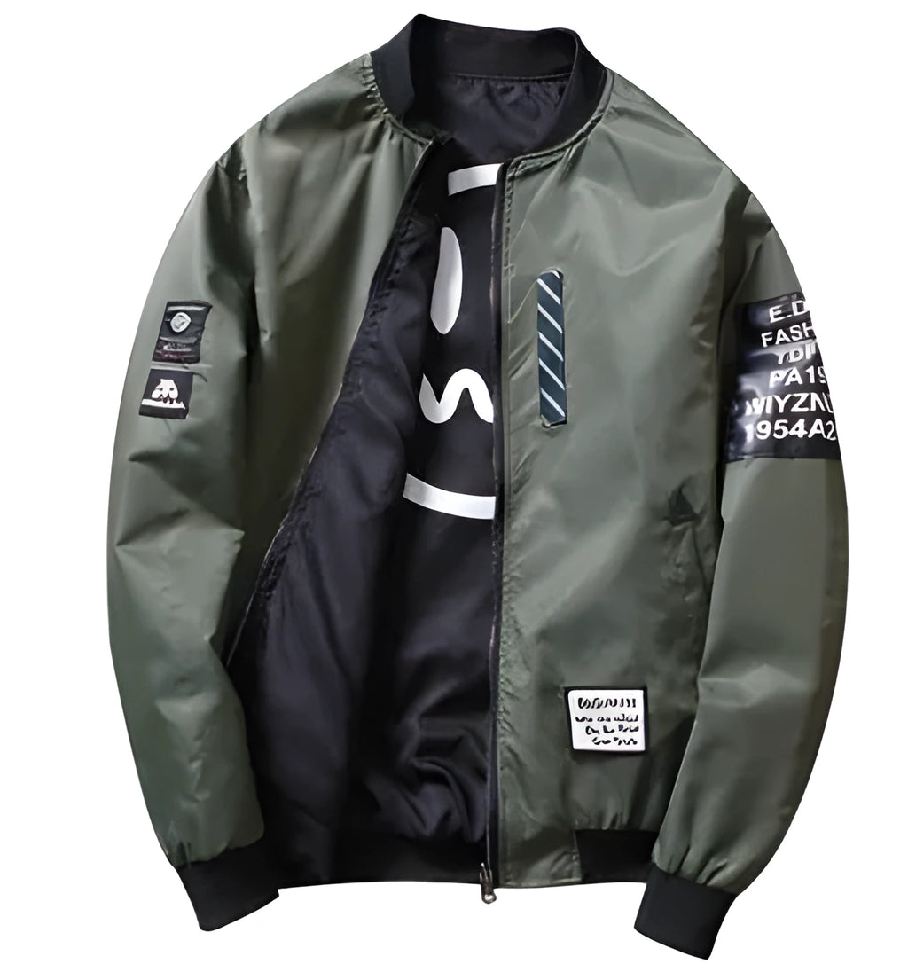 Reversible men's stripe pattern flight jacket shown in black, blue and green colour options
