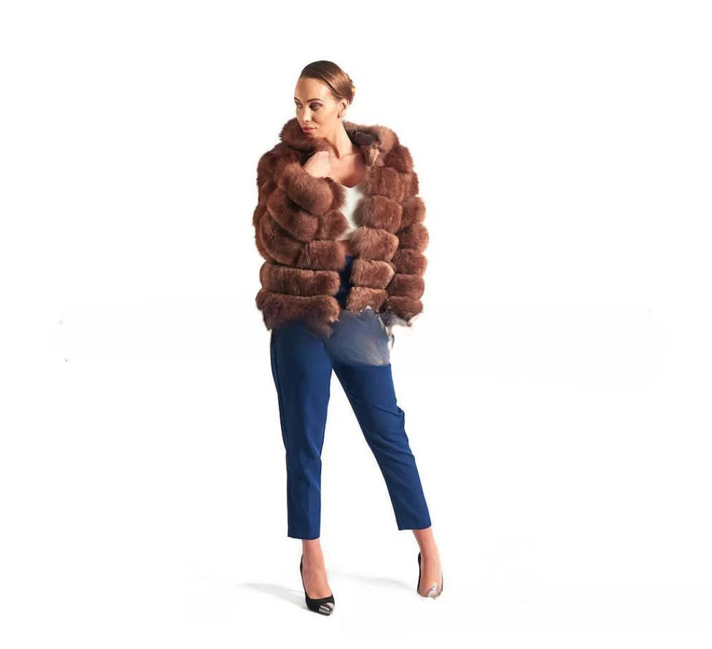 Women's loose artificial fur coat with hood in brown and white silver fox colour options, shown at 65cm length.