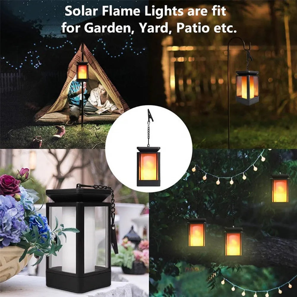 Black antique flame style solar LED outdoor street lamp with solar panel on top.