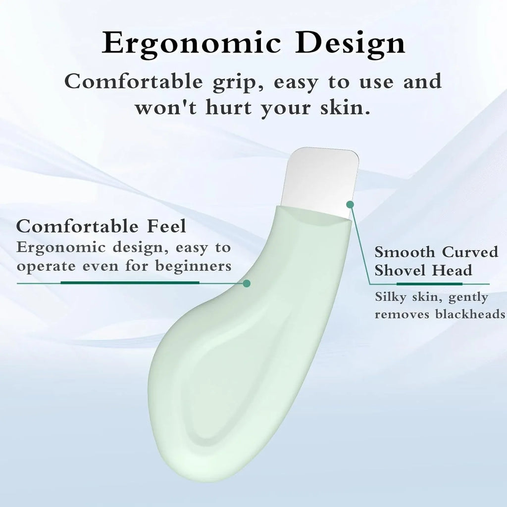 Green stainless steel blackhead scraper tool with a non-slip silicone handle on a white background.