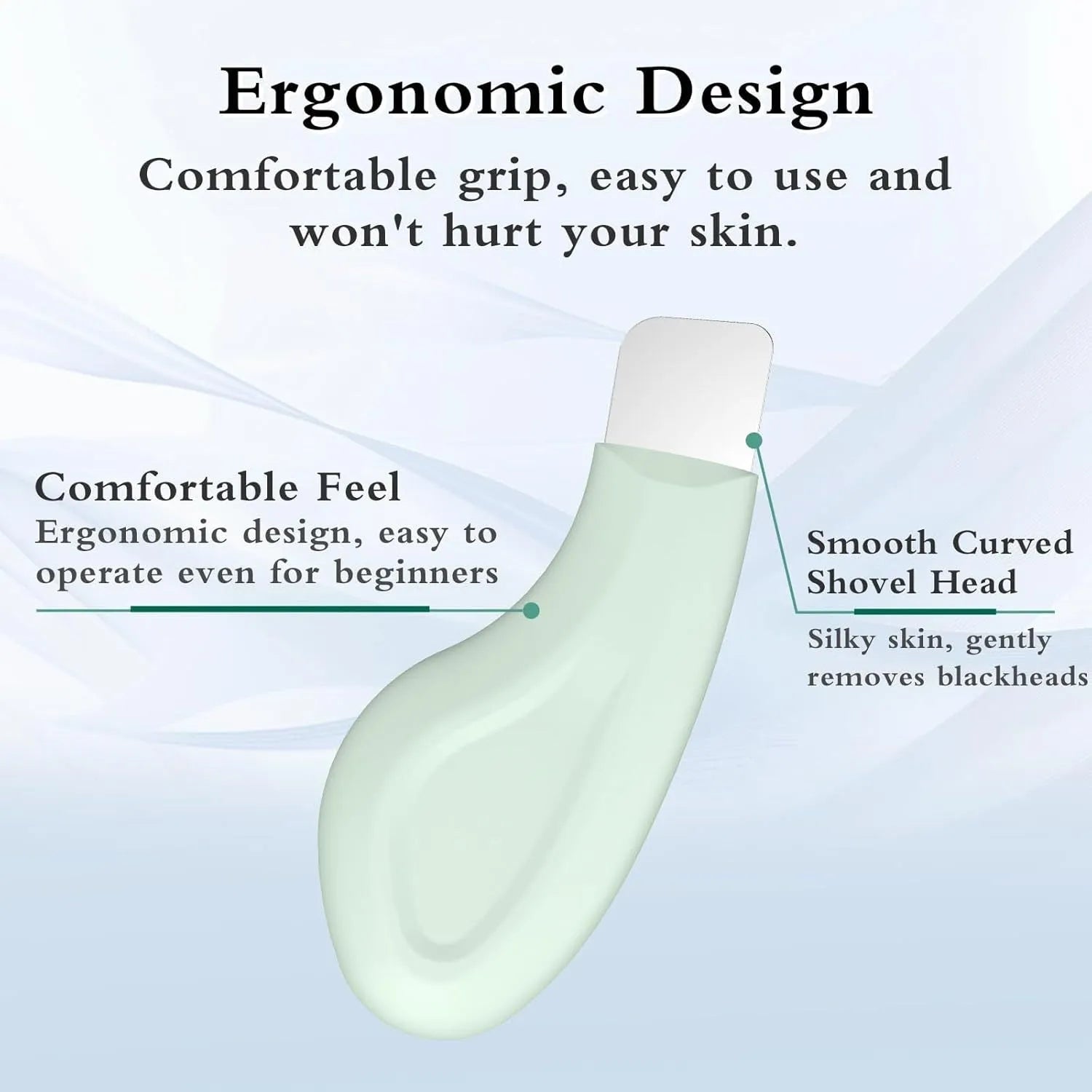 Green stainless steel blackhead scraper tool with a non-slip silicone handle on a white background.