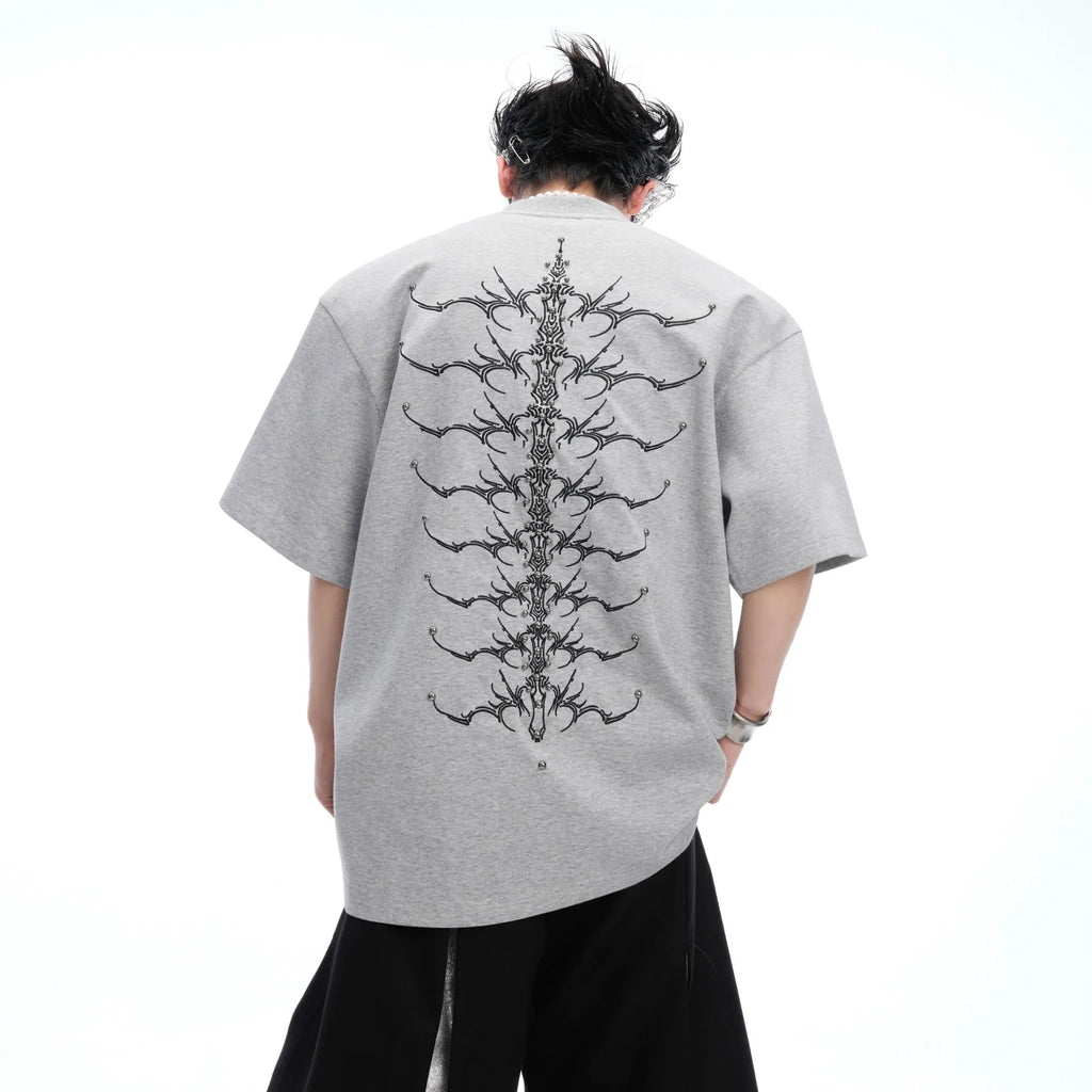 Cool black men's snake pupil backbone embroidered pure cotton short sleeve T-shirt loose fit