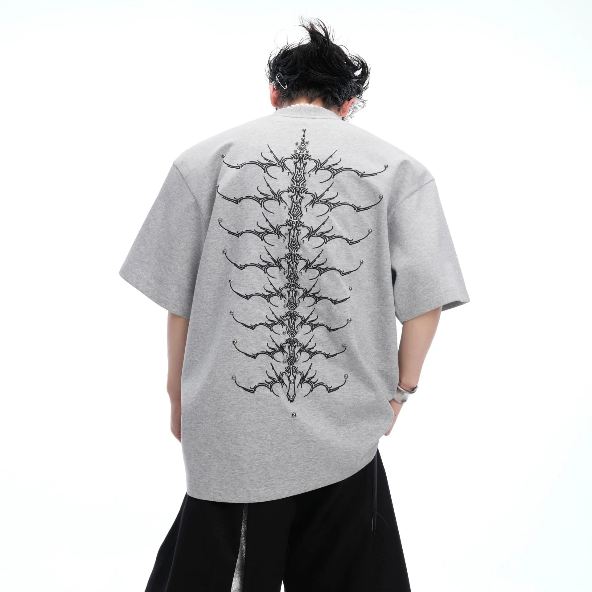 Cool black men's snake pupil backbone embroidered pure cotton short sleeve T-shirt loose fit