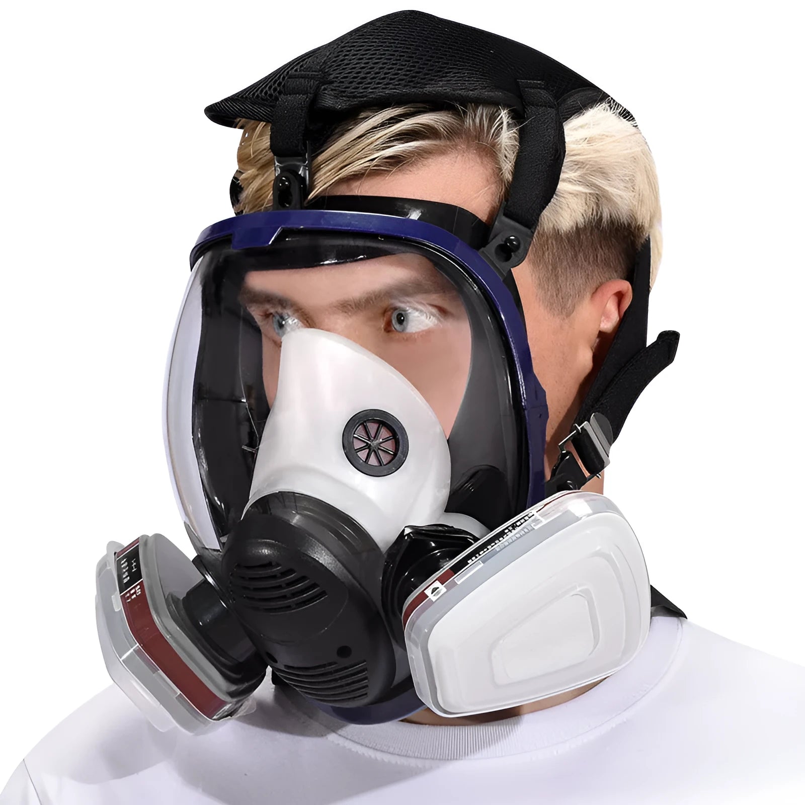 KN95 spherical full face gas mask with blue edge and trapezoidal canister containing activated carbon gauze filter