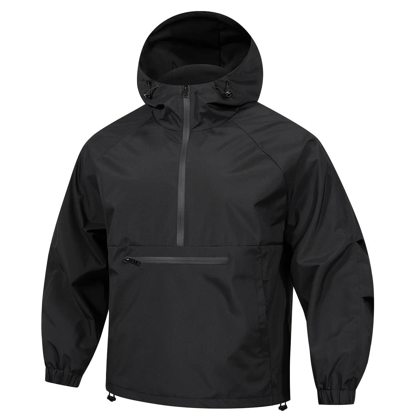 Men's light grey loose half-zip hooded corduroy jacket on a hanger