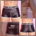 Men's black silk-feel nylon boxer shorts with stretch fabric and free size fitting