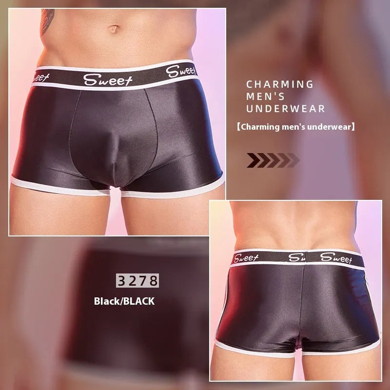 Men's black silk-feel nylon boxer shorts with stretch fabric and free size fitting