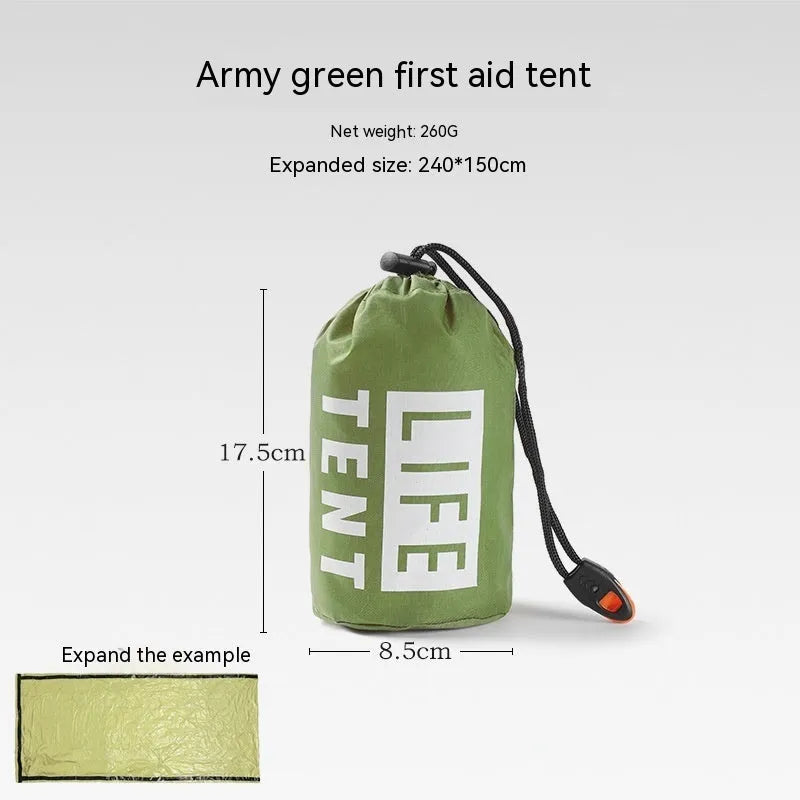 Orange emergency survival tent with sleeping bag and blanket for disaster relief