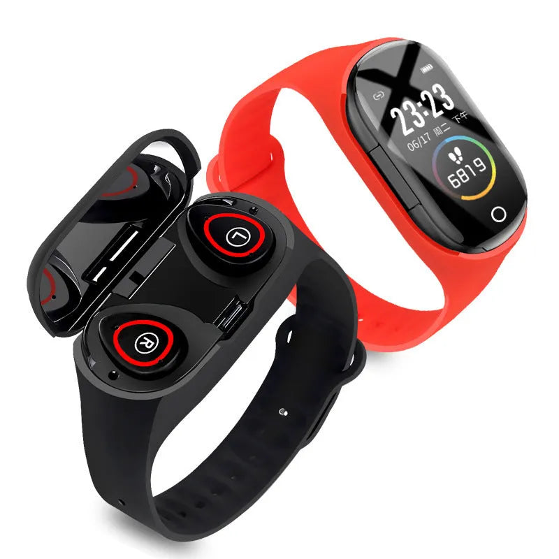Smart bracelet and earphone combo with silicone wristband in choice of colours showing 1-inch screen