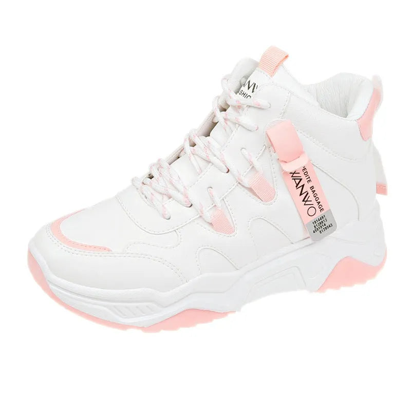 Women's high top white sneakers with PU upper, rubber sole, lace-up fastening on a plain background