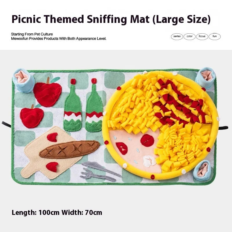Fabric dog sniffing mat with themed pattern for hiding treats and kibble