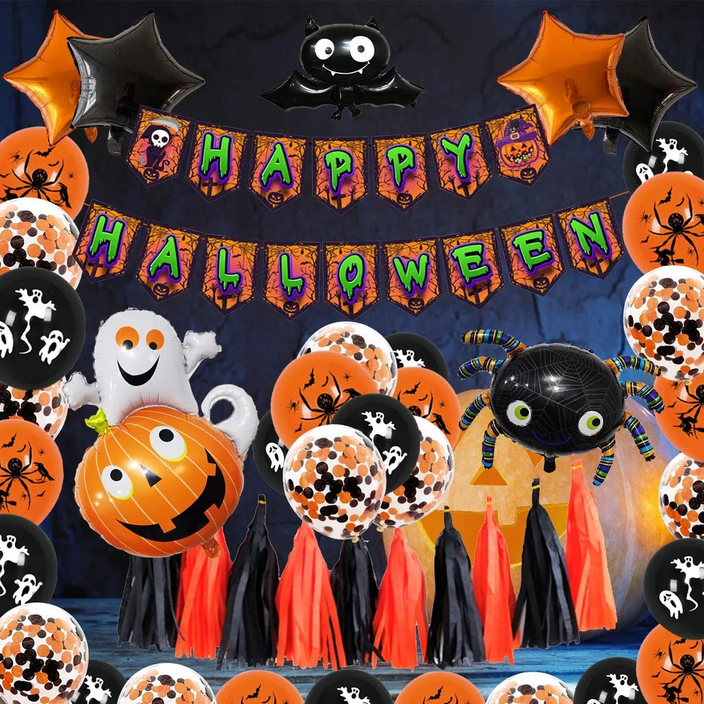 Halloween balloon combo set showing spider arch with black and white pumpkin and skull balloons