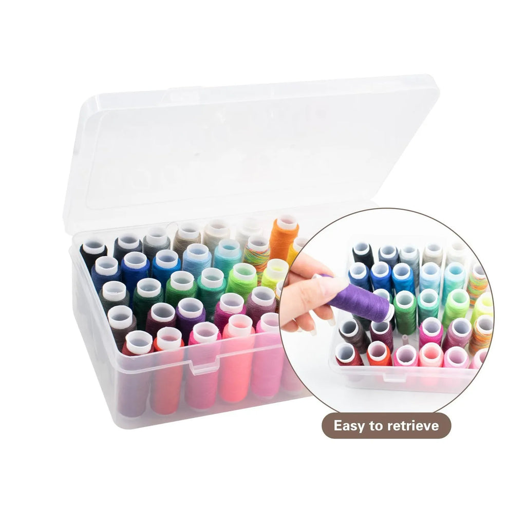 42-compartment plastic storage box for embroidery supplies in transparent, pink, or blue colour options.