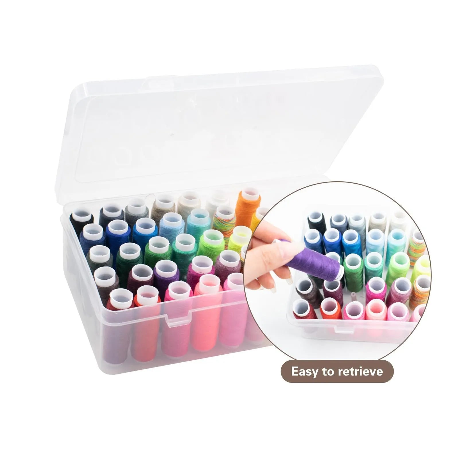 42-compartment plastic storage box for embroidery supplies in transparent, pink, or blue colour options.
