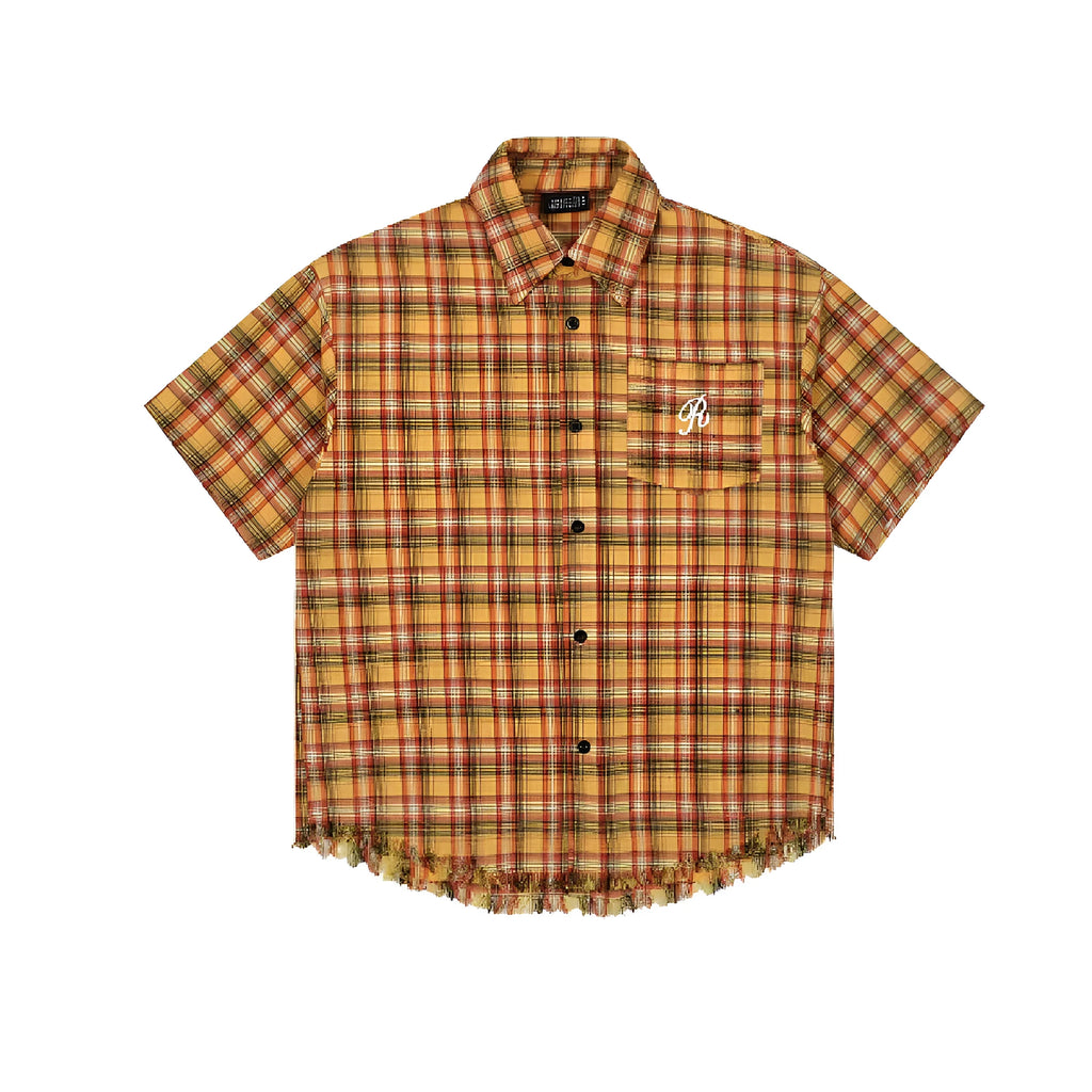 Men's loose fit polyester short sleeve plaid shirt in yellow grid pattern