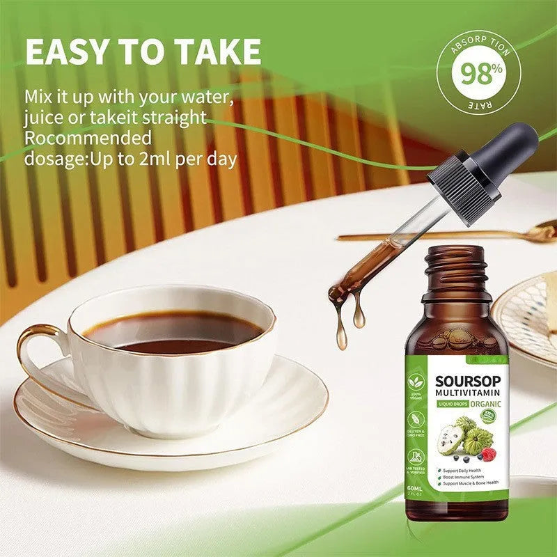 A 60ml bottle of Annona prickly fruit and lychee flavour edible care drops for adults.