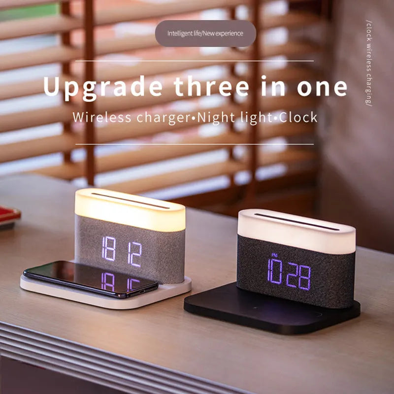Mini black and white wireless charger desktop clock with night light and glass shell