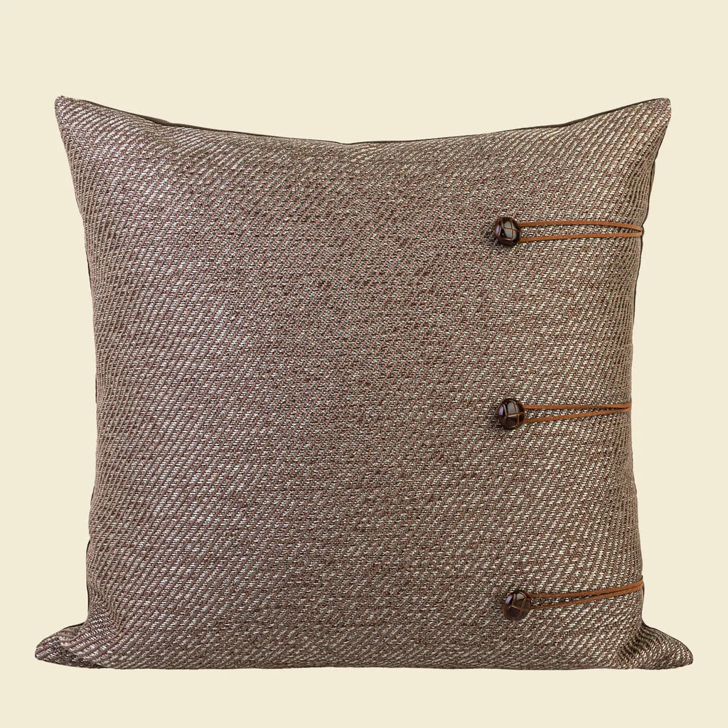 Chinese ancient style square cushion in brown geometric patterns, 45cm size with feather velvet fill.