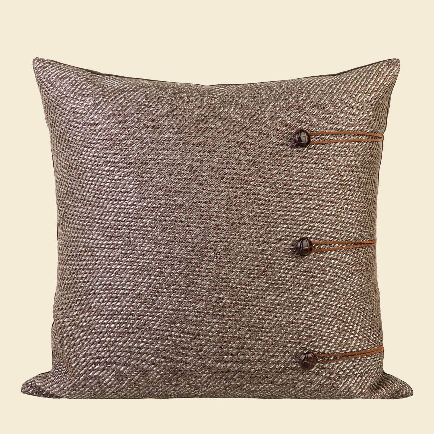 Chinese ancient style square cushion in brown geometric patterns, 45cm size with feather velvet fill.