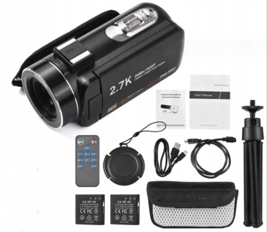 DV06S 27K HD digital video camera in black with lens cover and remote