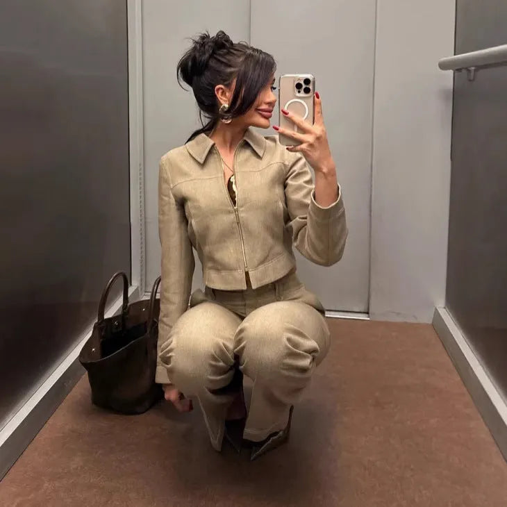 Women's summer street fashion suit set with 3D herringbone pattern jacket and matching straight-leg trousers