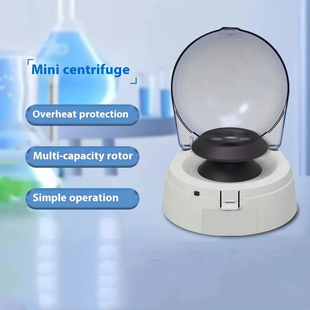 Compact mini laboratory centrifuge on benchtop showing 157mm width and 170mm height dimensions