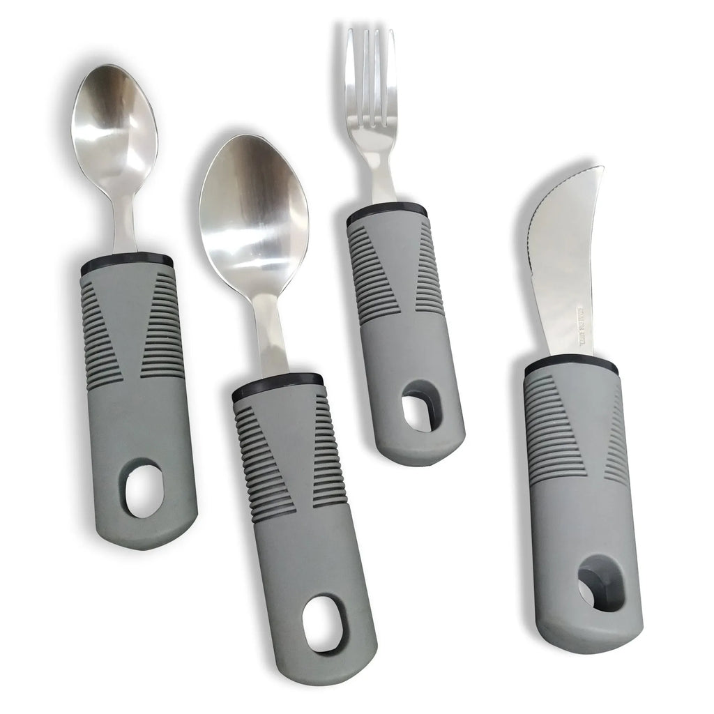 Stainless steel anti-shake cutlery set with curved rubber handles for elderly adult rehabilitation use