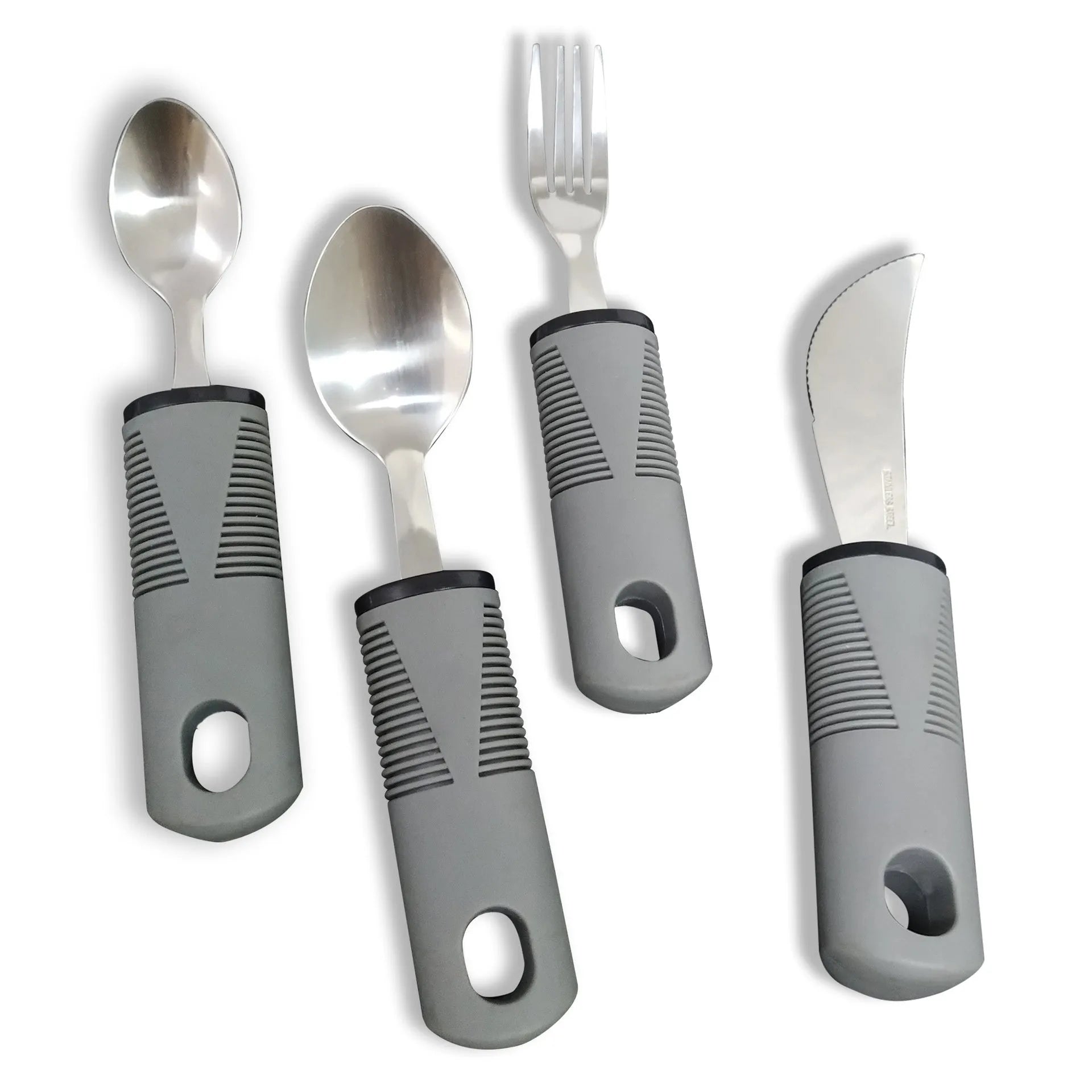 Stainless steel anti-shake cutlery set with curved rubber handles for elderly adult rehabilitation use